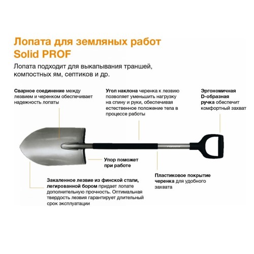 Лопата Fiskars для земляных работ Solid PROF 1050255 штыковая